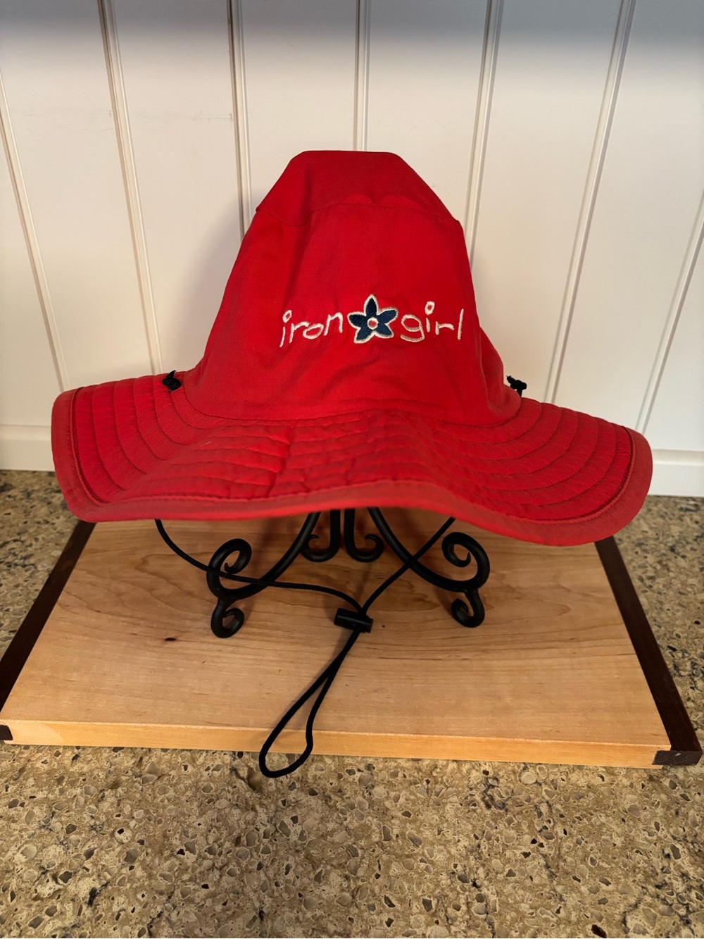 Red Sun/Garden Hat with Wide Brim and Iron Girl Logo w/ Flower Fits Size Small